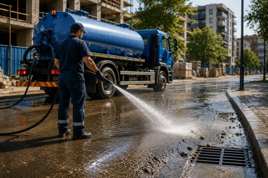 Професионално миене на улици след строеж с водоноска за премахване на строителен прах, кал и наноси.